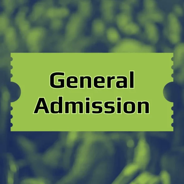 The words "General Admission" on an old-style ticket superimposed over a green monochrome crowd which is blurred out