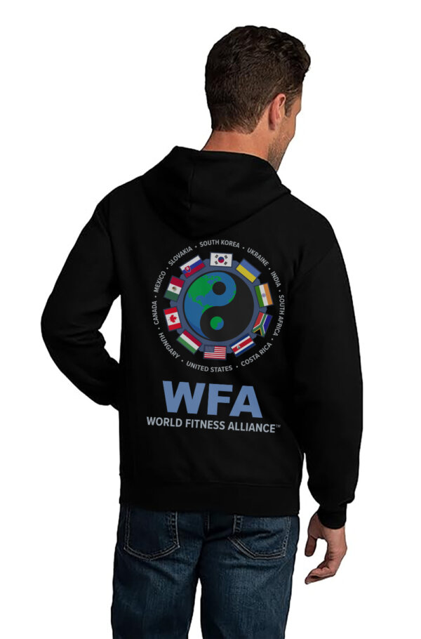 A man wearing a black hoodie with the WFA logo boldly displayed on the back