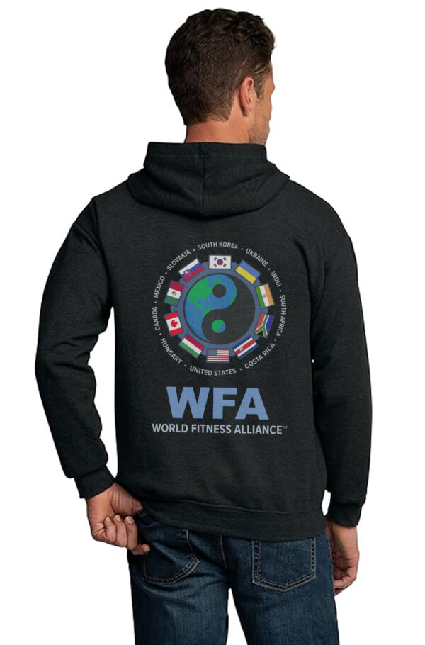 A man wearing a charcoal colored hoodie with the WFA logo boldly displayed on the back